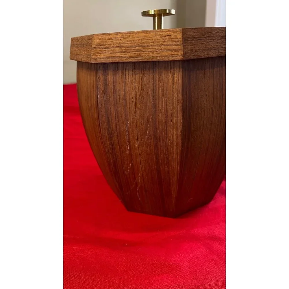 Vintage Japanese Mid-Century Modern Teak Ice Bucket Brass Handle Tongs Octagonal